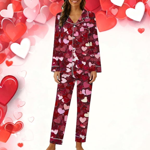 Mifsaly Cotton Pajama Sets for Women 2 Piece Valentine Pajamas Heart Print Sleepwear Festival Homewear Wide Leg Sleep Pants Comfortable Matching Outfits 2026 XL
