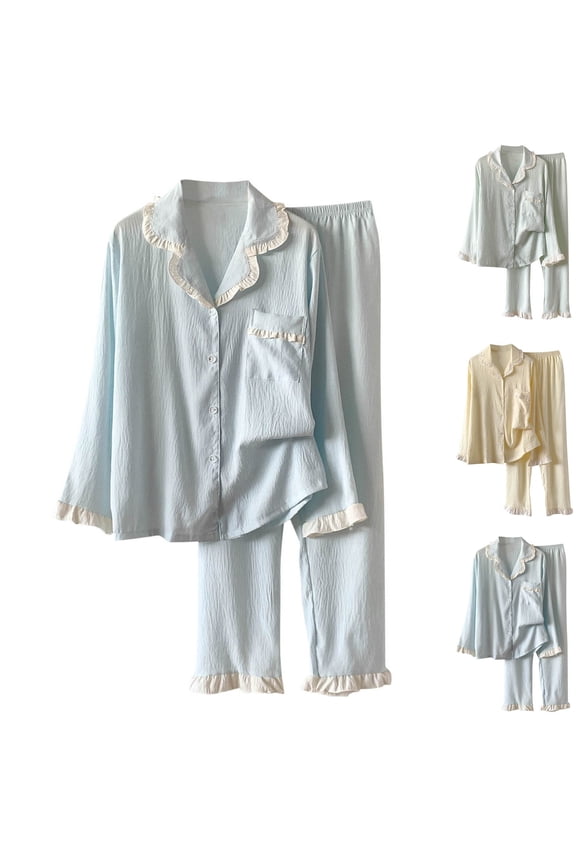 Cotton Pajama Sets for Women Cozy Pjs 2 Piece Outfits Lapel Button Down Loose Sleepwear Comfy Lounge Nightwear High Waist Pants 2025 Soild Color Fall Winter Homewear Matching Clothes