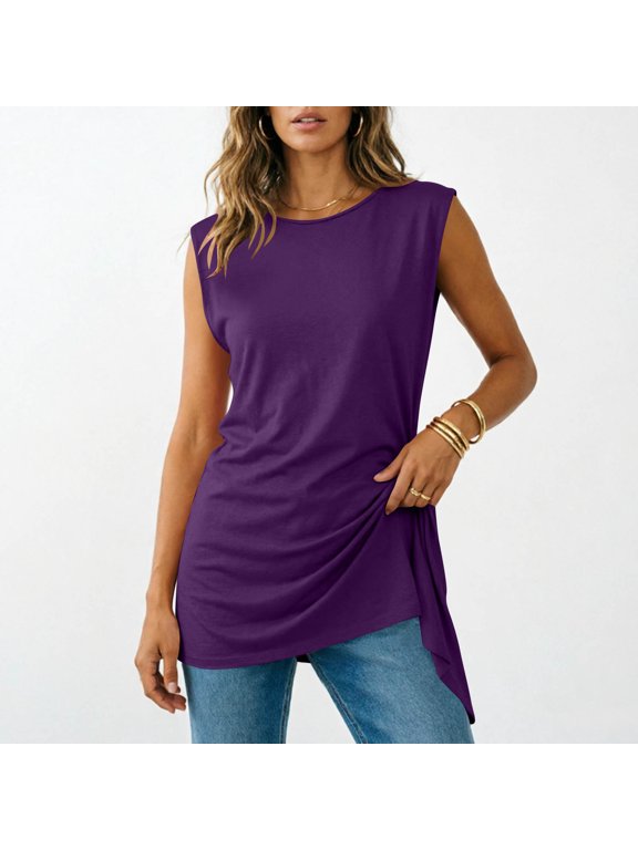 Cotton Sleeveless Tops for Women Side Ruched Knot Crewneck Tank Top Flattering Asymmetric Hem Casual Summer Elegant Tunic Clothes Purple,S