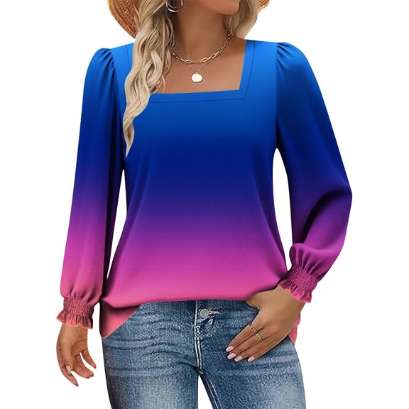 Mifsaly Cotton Square Neck Tops for Women Gradient Long Puff Sleeve Top with Smocked Cuffs Travel Office Loose Fit T-Shirts Spring Fall Fashion Shirt Light Blue