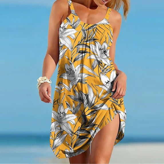 Mifsaly Cotton Summer Dresses for Women 2026 Vacation Floral Print Sleeveless Beach Dress Going Out Everyday Flowy Sundresses Swim Cover Up XL