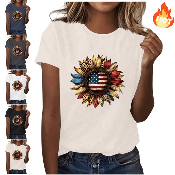 Mifsaly Cotton T Shirts Women Sunflower Usa Flag Print Independence Day T-Shirt Summer Holidays Patriotic Everyday Work Tops XXL
