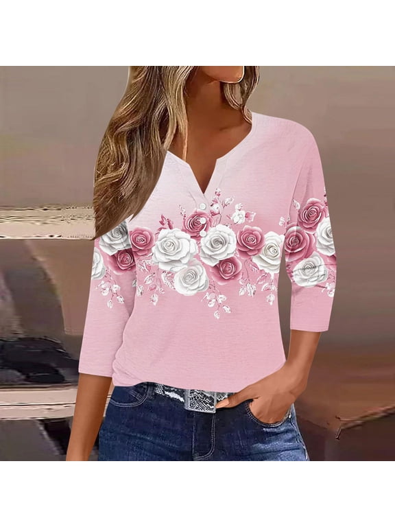 Cotton Tops for Women 3/4 Sleeve Top Floral Print Button Front Spring Summer T Shirt Everyday Dressy Casual Blouses S