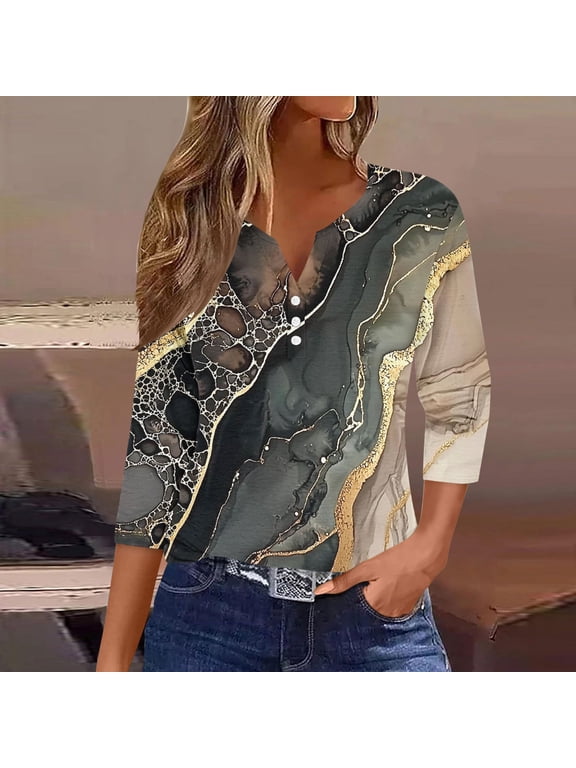 Cotton Tops for Women 3/4 Sleeve Top Floral Print Button Front Spring Summer T Shirt Everyday Dressy Casual Blouses S