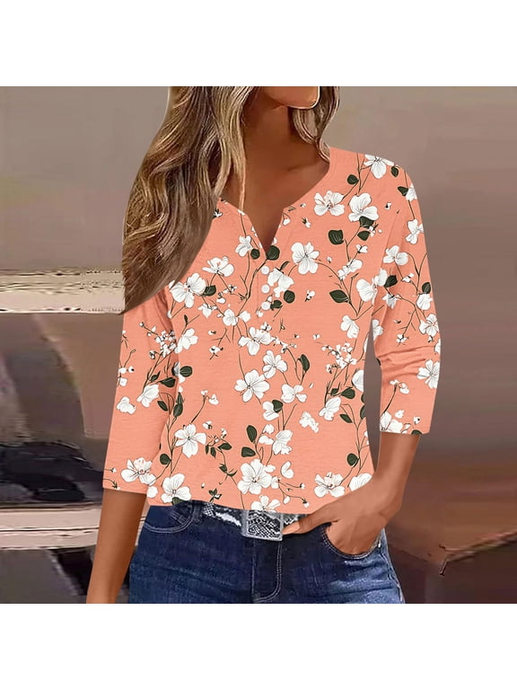 Cotton Tops for Women 3/4 Sleeve Top Floral Print Button Front Spring Summer T Shirt Everyday Dressy Casual Blouses XXXL