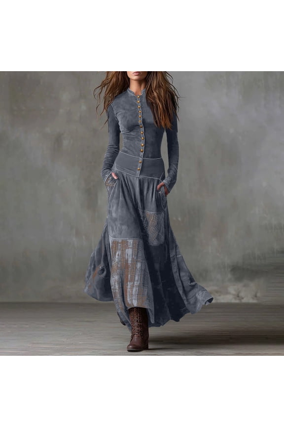 Cotton Western Dresses for Women Button Front Plaid Patchwork Cowgirl Dress Long Sleeve A-Line Vintage Flowy Clothes (No Belt) XL