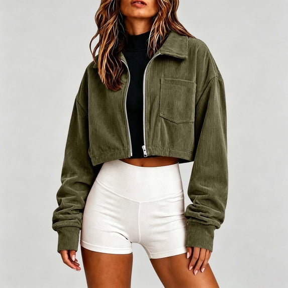 Mifsaly Cropped Jacket Women Corduroy Zip Up Lapel Collar Lightweight Shacket Fall Winter Trendy Casual Daily Outerwear Army Green,M