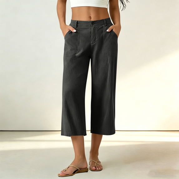 Mifsaly Cropped Linen Pants Women High Waisted Wide Leg Capris Relaxed Fit Summer Casual Work Office Travel Vacation Clothes with Pockets 2026 Dark Gray,L