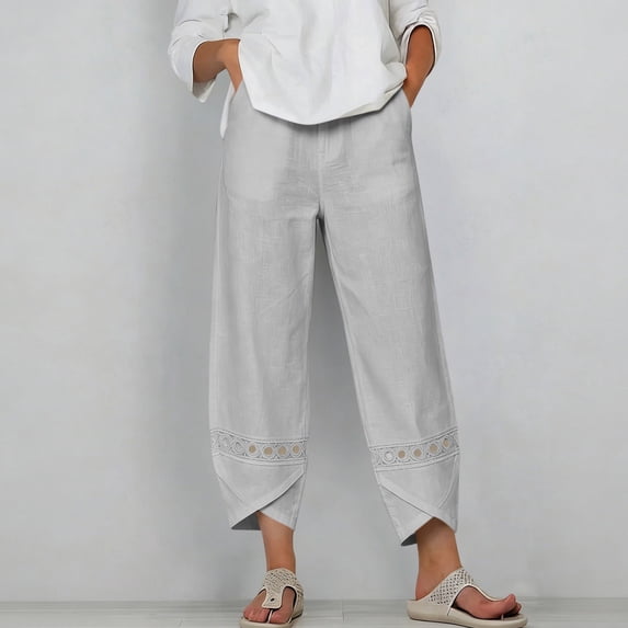 Mifsaly Cropped Linen Pants Women Patchwork Lace Elastic Waist Summer Capris with Pockets Eyelet Hem Details Loose Fit Casual Beach Vacation Lounge Wear Outfits Gray,XXXL