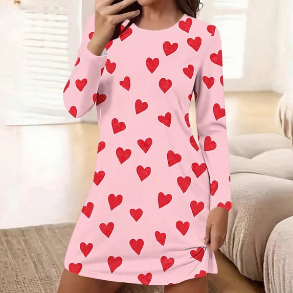 Mifsaly Cute Nightgowns for Women Long Sleeve Heart Print T Shirt Dress Soft Comfy Breathable Everyday Home Sleep Dress Spring Summer Homewear M