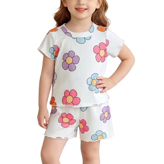 Mifsaly Cute Pajama Sets for Toddler Girls Floral Graphic Ribbed Knit Short Sleeve Ruffle Hem T-Shirt and Shorts Kids Summer Casual Pjs Matching Outfits