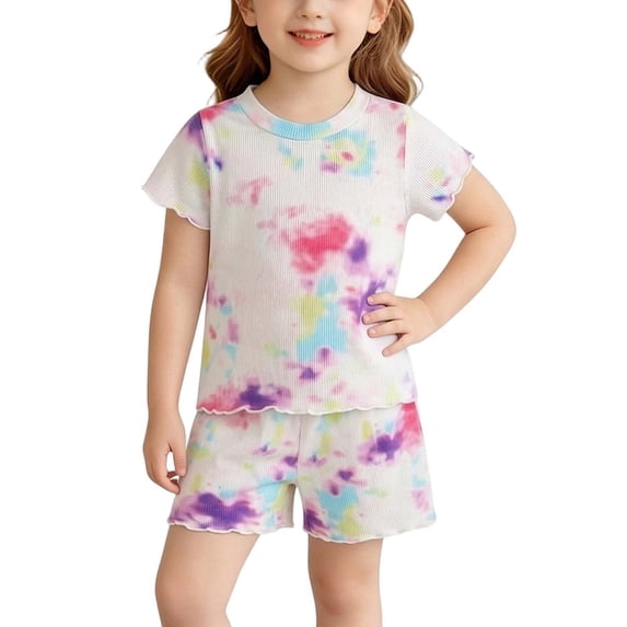 Mifsaly Cute Pajama Sets for Toddler Girls Floral Graphic Ribbed Knit Short Sleeve Ruffle Hem T-Shirt and Shorts Kids Summer Casual Pjs Matching Outfits