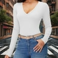 thumbnail image 1 of Mifsaly Deep V-Neck Ribbed Long Sleeve Tops Women Slim Fit Basic Layering Shirt Basic Casual Stretchy Blouse Business Spring Fall Thermal Undershirts White, 1 of 9