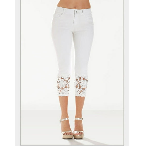 Mifsaly Denim Leggings for Women Plus Size Lace Hem Stretchy Capri Pants Summer Office Legging Trousers Going Out Airport Outfits with Pockets S