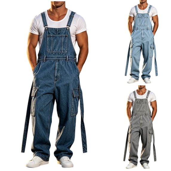 Mifsaly Denim Overalls for Men Adjustable Straps Cargo Jumpsuits with Multi Pockets Summer Casual Relaxed Fit Classic Workwear Blue,L