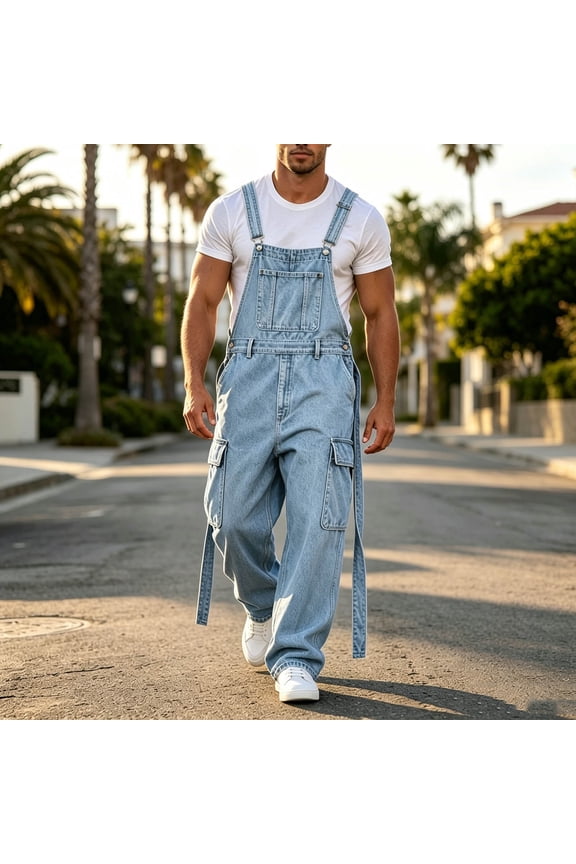 Denim Overalls for Men Adjustable Straps Cargo Jumpsuits with Multi Pockets Summer Casual Relaxed Fit Classic Workwear Sky Blue,L