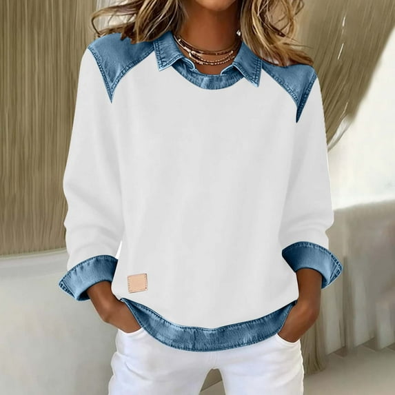Mifsaly Denim Patchwork Sweatshirt Women Lapel Color Block Pullover Sweatshirts Outdoor Loose Casual Long Sleeve Blouse Spring Fall Outfits M