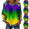 thumbnail image 1 of Mifsaly Denim Sweatshirt Women Gradient Raglan Sleeve Crewneck Mardi Gras Sweatshirts Waffle-Knit Patchwork Holiday Party Carnival Pullover Tops XXXL, 1 of 5