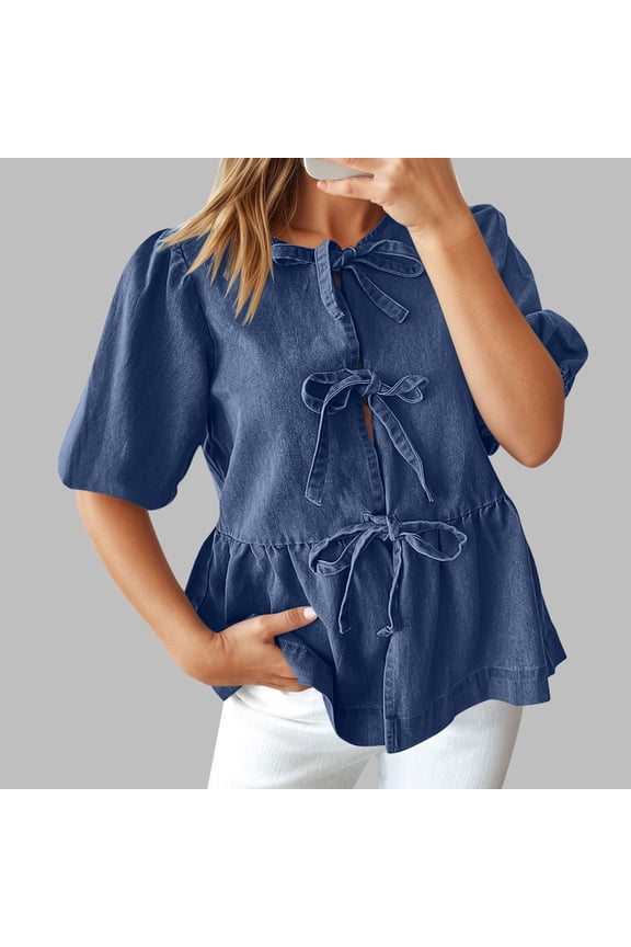 Denim Tops for Women Trendy Tie Front Peplum Top Puff Short Sleeve Blouse Triple Bow Detail Summer Shirt Casual Elegant Going Out Vacation Fashionable Flattering Blouse L