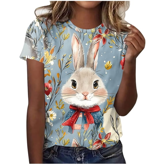 Mifsaly Easter Shirts for Women Short Sleeve Crewneck T-Shirt Realistic Easter Rabbit Floral Print Summer Graphic Tee Top Casual Holiday Shirt L