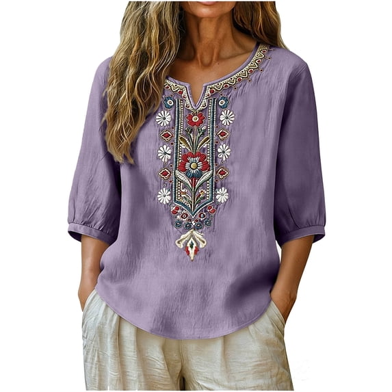 Mifsaly Embroidered Tops for Women Notched V Neck 3/4 Sleeve Blouses Floral Ethnic Cotton Linen Top Lightweight Flowy Curved Hem Boho Casual Summer Outfits XXL