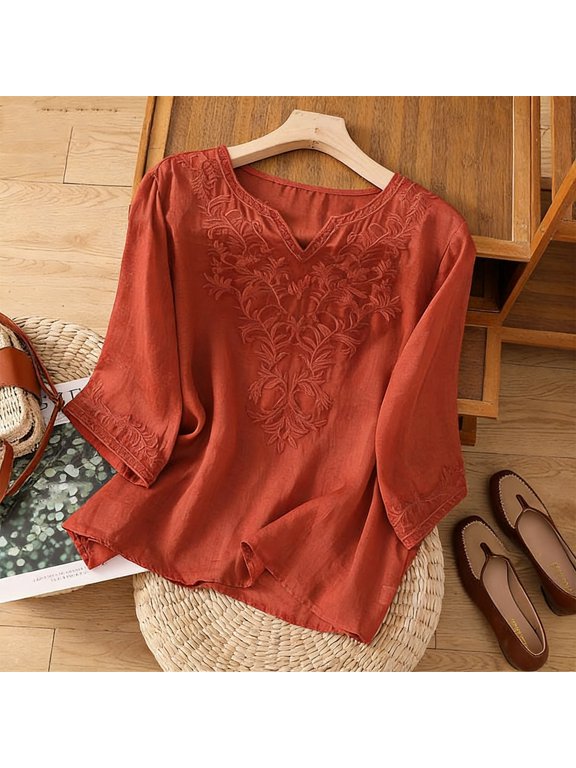 Embroidered Tops for Women 3/4 Sleeve Notched V-Neck Cotton Linen Top Lightweight Flowy Summer Casual Mexican Shirts 2026 L