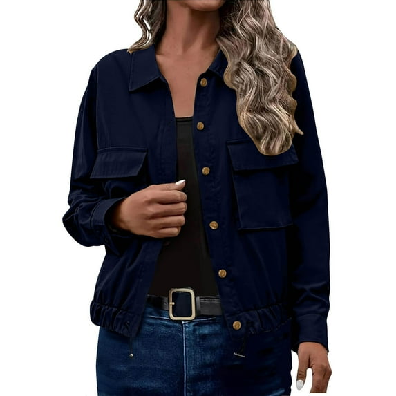 Mifsaly Fall Coats for Women 2025 Lapel Button Down Bomber Jacket Long Sleeve Drawstring Hem Lightweight Outerwear with Pockets Fit Work Street