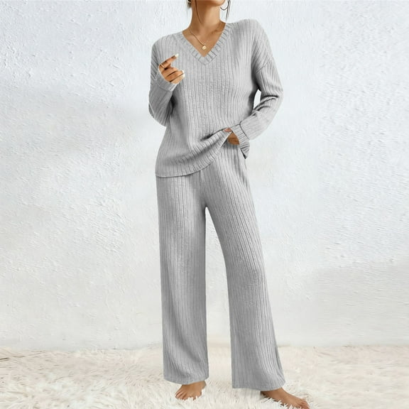 Mifsaly Fall Lounge Sets for Women Knit Ribbed Lounge Set 2 Piece V-Neck Pullover Tops Sweater Soft Cozy Wide Leg Pants Loose Homewear Home Travel Work Matching Outfits 2025