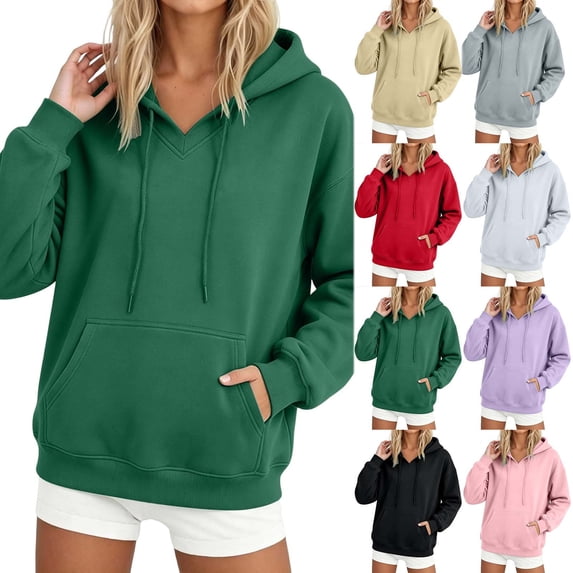 Mifsaly Fall Sweatshirts for Women V Neck Long Sleeve Pullover Hoodie Relaxed Fit Everyday Casual Activewear with Pocket Green,S