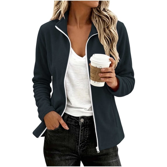 Mifsaly Fleece Jacket Women Full Zip Stand Collar Fall Coat Warm Lightweight Long Sleeve Outerwear with Pockets Everyday Casual Outdoor Activewear Dark Blue,XL