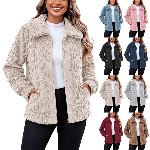 Mifsaly Fleece Jacket for Women Full Zip Lapel Sherpa Winter Coat Textured Warm Cozy Home Outdoor Work Office Outerwear with Pockets