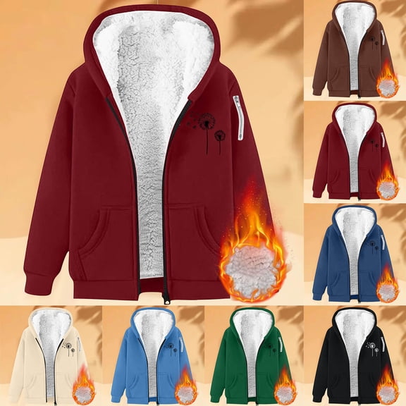 Mifsaly Fleece Lined Jacket Women Plus Size Zip Up Long Sleeve Sherpa Hoodie Floral Print Thicken Warm Hooded Sweatshirt Oversized Fashion Fuzzy Winter Outerwear With Pockets