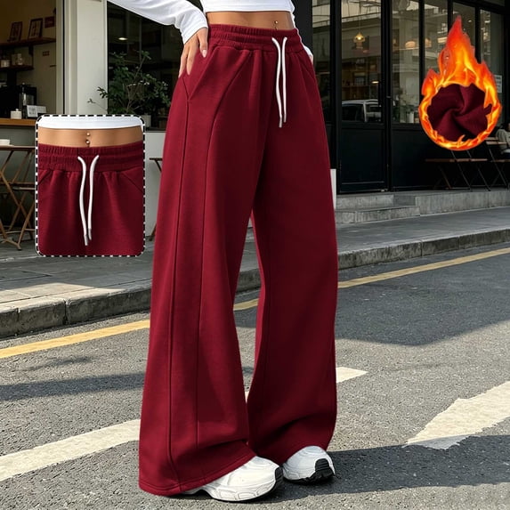 Mifsaly Fleece Lined Pants Women Baggy Sweatpants Drawstring High Waisted Wide Leg Lounge Pants Comfortable Casual Warm Fall Winter Clothes with Pockets Wine,XL