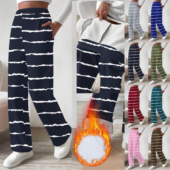 Mifsaly Fleece Lined Pants Women Striped Thick Warm Wide Leg Sweatpants Cozy Loose High Waist Pant with Pockets Winter Thermal Trousers 2025
