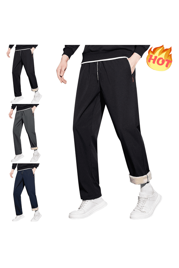 Fleece Lined Work Pants for Men Drawstring Winter Thick Warm High Waist Sweatpants Outdoor Workout Thermal Straight Leg Pant with Pockets 2025