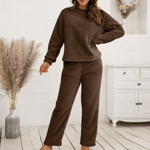 Mifsaly Fleece Lounge Sets for Women Fuzzy 2 Piece Winter Matching Pjs Raglan Long Sleeve Crewneck Sleepwear Loose Soft Cozy Nightwear Elastic Waist Baggy Pants Soild Color Thermal Homewear