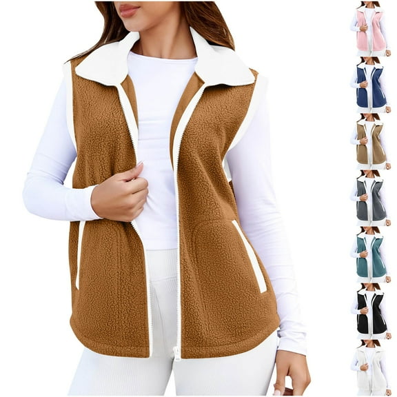 Mifsaly Fleece Vest Women Zip up Thick Warm Sleeveless Jacket Lapel Collar Patchwork Fall Coats Fuzzy Thermal Fashion Outerwear with Pockets