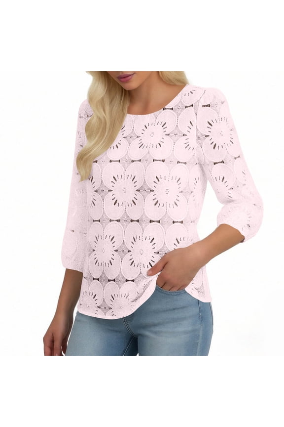 Floral Lace Blouse for Women Crewneck 3/4 Puff Sleeve Crochet Eyelet Tops Elegant Hollow Out Mesh Shirt Party Wedding Guest Dressy Casual Tunic Top M