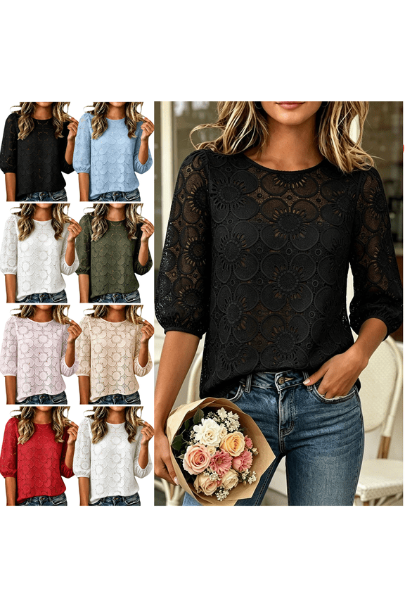 Floral Lace Blouse for Women Crewneck 3/4 Puff Sleeve Crochet Eyelet Tops Elegant Hollow Out Mesh Shirt Party Wedding Guest Dressy Casual Tunic Top XL