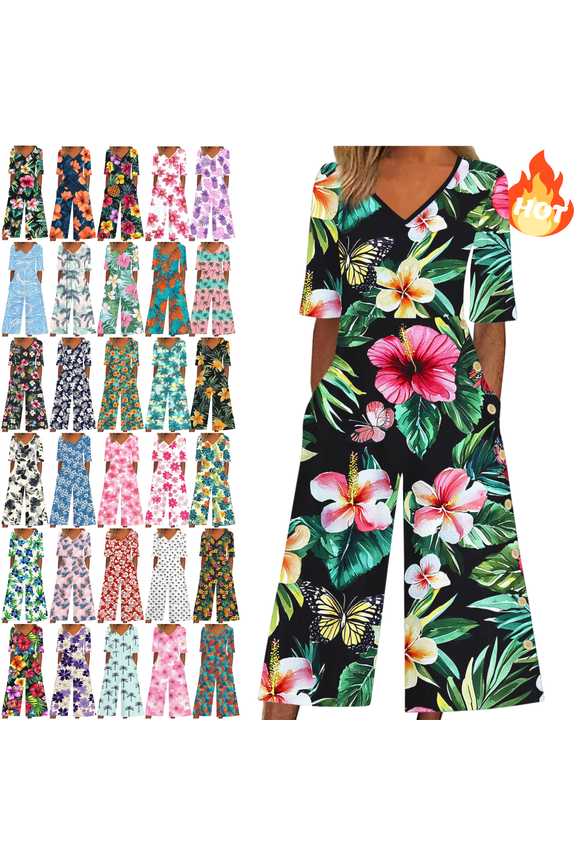 Floral Print Jumpsuits for Women V-Neck Short Sleeve Wide Leg Jumpsuit Casual Summer Vacation Tropical Resort Clothes with Pockets M