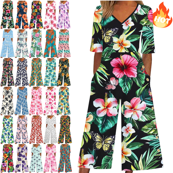 Mifsaly Floral Print Jumpsuits for Women V-Neck Short Sleeve Wide Leg Jumpsuit Casual Summer Vacation Tropical Resort Clothes with Pockets S