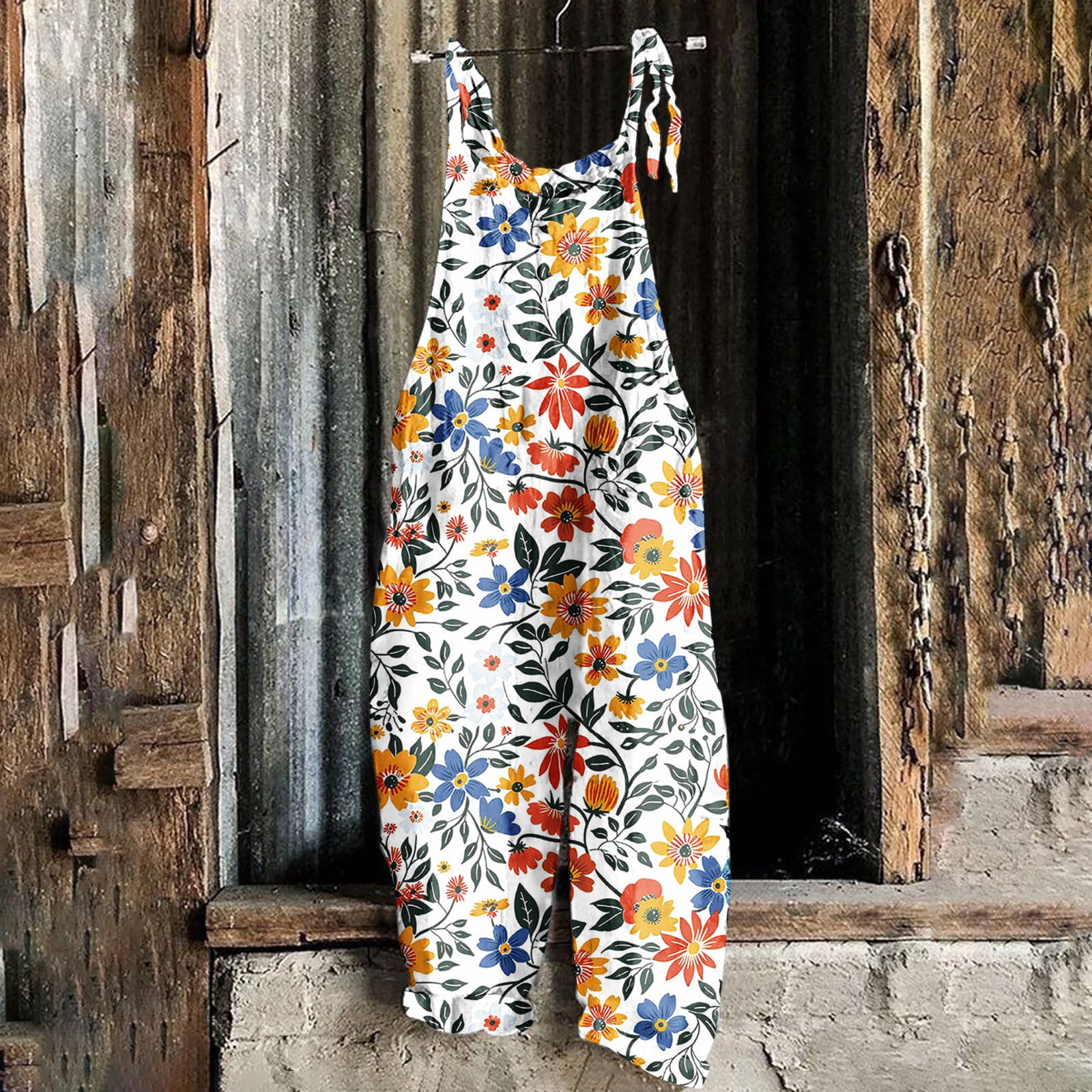 Mifsaly Floral Print Linen Bib Overalls Women Wide Leg Baggy Jumpsuit ...