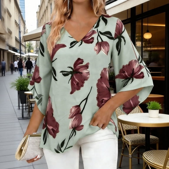 Mifsaly Floral Print Tops for Women V-Neck 3/4 Sleeve Chiffon Blouse Elegant Dressy Casual Work Shirts Lightweight Loose Summer Holiday Fashion Outfits XXL