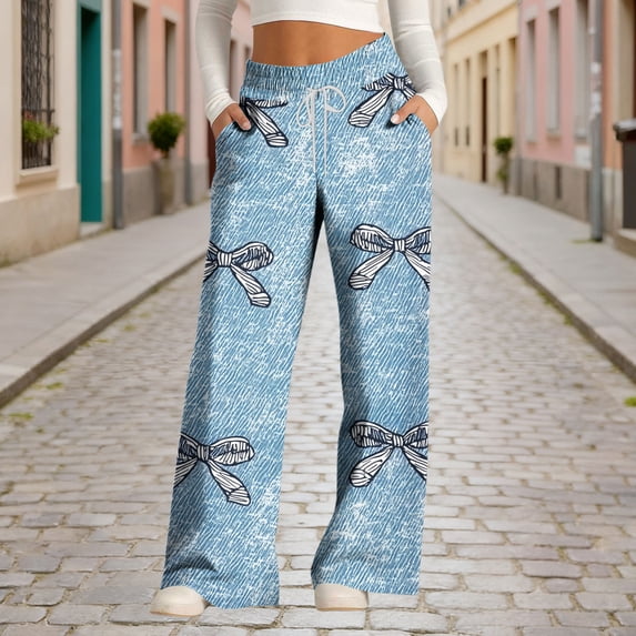 Mifsaly Floral Print Wide Leg Sweatpants Women High Waist Pants Comfortable Drawstring Joggers Leisure Travel Home Casual Pant with Pockets L