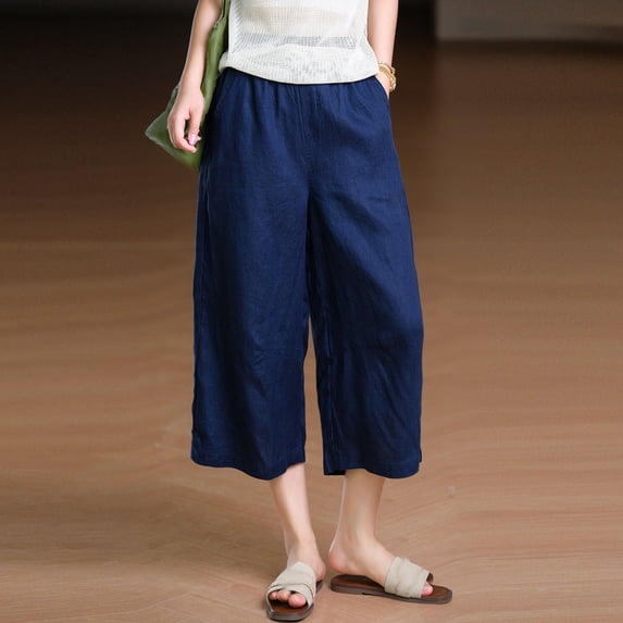 Mifsaly Flowy Capri Pants for Women High Waisted Wide Leg Culottes with Pockets Lightweight Breathable Summer Casual Work office Wear Outfits Navy,M