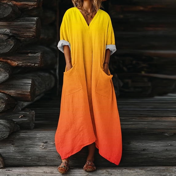Mifsaly Flowy Dresses for Women 3/4 Sleeve V Neck Maxi Kaftan Dress Comfy Daily Wear Oversized Loose Summer Sundress with Pockets S