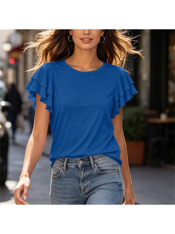 Flutter Sleeve Tops for Women Flattering Crewneck Casual Summer Top Soft Comfortable Elegant Layered Ruffle Sleeve Blouses Blue,XXL