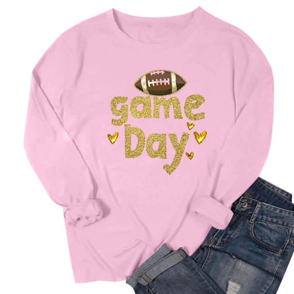 Mifsaly Football Sweatshirts for Women Game Day Football Glitter Print Sweatshirt Crewneck Long Sleeve Oversized Pullover Team Fans Gameday Outfits M