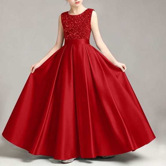 Mifsaly Formal Dresses for Girls Sleeveless Sequin Satin Pageant Dress Flower Girl Wedding Evening Party Gowns