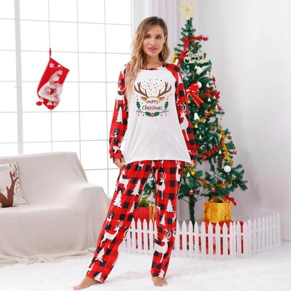 Mifsaly Funny Christmas Pajamas Family Sets Bright and Merry Xmas Pjs Matching Outfits 2 Piece Loose Pullover Sleepwear Nightwear Classic Plaid Sleep Pants 2025 Festival Holiday Homewear